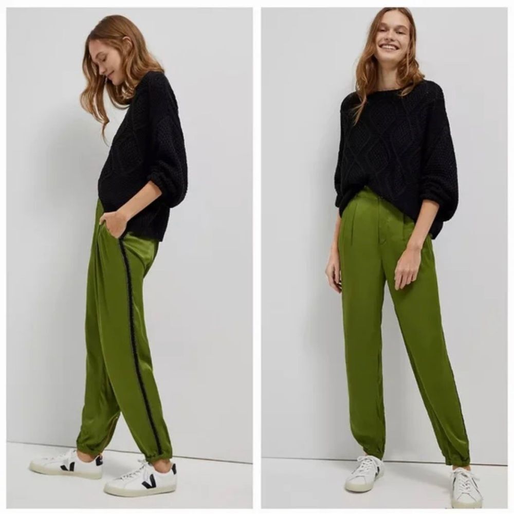 Anthropologie Deandra Pleated Satin Joggers Moss Size 4 Tall